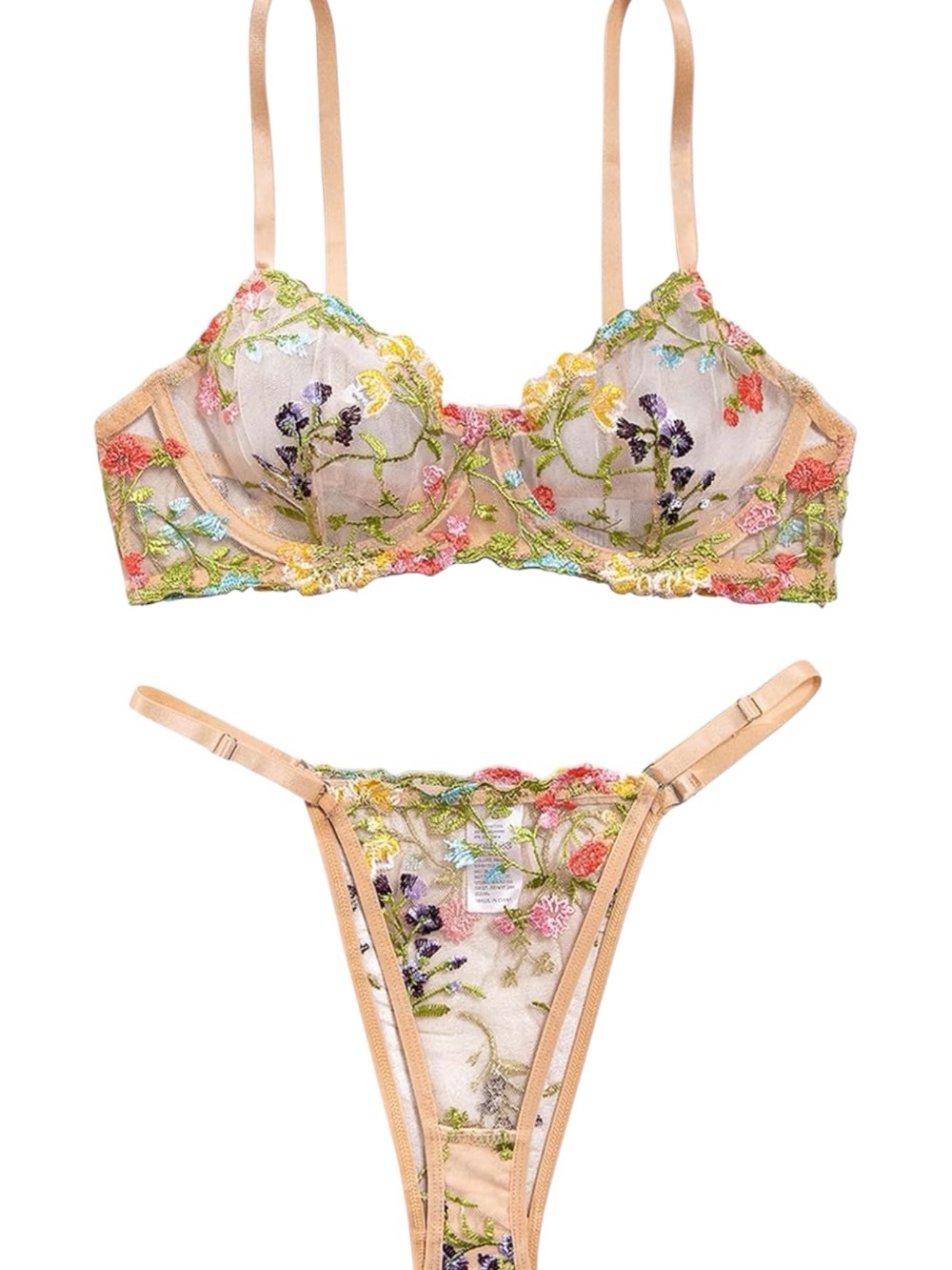 NWT Floral Embroidered Sheer Mesh Bra & Thong Set XS